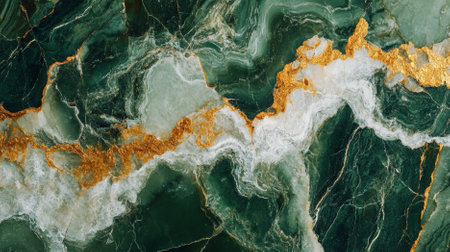 A detailed close-up of green Italian marble with white and gold veining. The vibrant colors and natural patterns highlight the marble's unique beauty.の素材