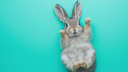 A cute gray rabbit lying on its back on a turquoise background. The vibrant turquoise contrasts beautifully with the rabbit's soft gray fur.の素材