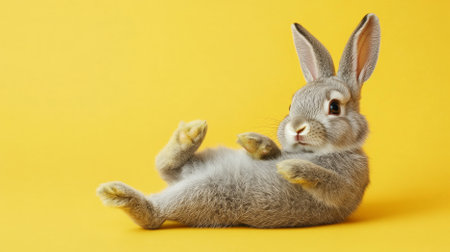 A cute gray rabbit lying on its back on a pastel yellow background. The soft color and the rabbit's relaxed pose create a sweet and calming image.の素材