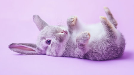 A cute rabbit lying on its back on a pastel purple background. The soft purple and the rabbit's relaxed pose create a calming and sweet image.の素材