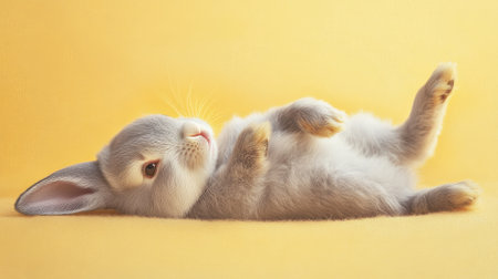 A cute gray rabbit lying on its back on a pastel yellow background. The soft color and the rabbit's relaxed pose create a sweet and calming image.の素材