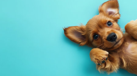 A cute brown puppy lying on its back on a soft blue background. The pastel color and the puppy's relaxed pose create a calming and sweet image.の素材
