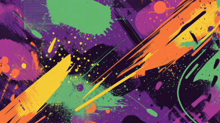 A bold color splash abstract cartoon background with splashes of purple, green, and orange. The energetic design includes geometric shapes and vibrant lines, creating a dynamic and youthful feel.の素材