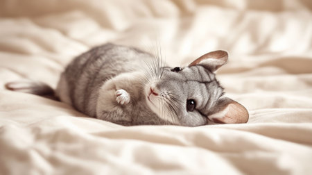 A charming chinchilla lying on its back on a soft beige background. The neutral tones and the chinchilla's fluffy fur create a warm and cozy image.の素材