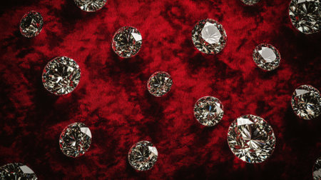 A diamond background showcasing a luxurious texture of large diamonds set against a red velvet background. The opulent combination creates a striking visual.の素材