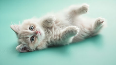 A fluffy white kitten lying on its back on a mint green background. The pastel color and the kitten's adorable pose create a fresh and charming scene.の素材