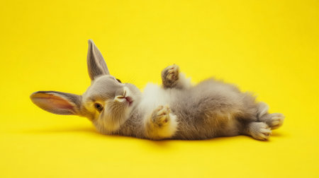 A cute gray rabbit lying on its back on a vibrant yellow background. The rabbit's fluffy fur contrasts beautifully with the bright yellow, creating an adorable and cheerful scene.の素材