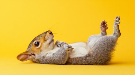 A charming gray squirrel lying on its back on a bright yellow background. The vibrant color and the squirrel's relaxed pose create a cheerful and adorable scene.の素材