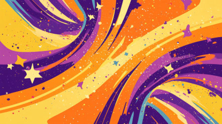 A cheerful color splash abstract cartoon background with splashes of orange, purple, and yellow. The playful design includes starbursts and wavy lines, adding a fun and imaginative feel.の素材