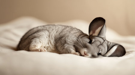 A charming chinchilla lying on its back on a soft beige background. The neutral tones and the chinchilla's fluffy fur create a warm and cozy image.の素材