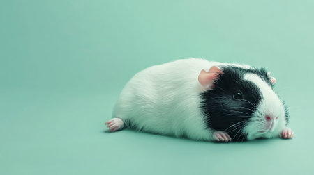 A charming black and white guinea pig lying on its back on a mint green background. The pastel color and the guinea pig's distinctive markings create a sweet and calming scene.の素材