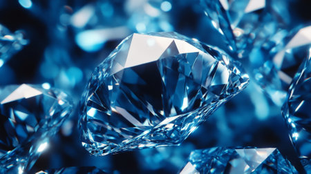 A diamond background featuring a close-up of a diamond's surface with intricate patterns and light reflections on a dark blue background. The detailed view creates a stunning and elegant visual.の素材