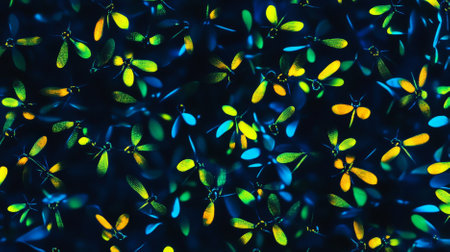 A pattern of striking fireflies glowing in the dark, with their bodies illuminating in shades of yellow, green, and blue, creating a magical and captivating background.の素材