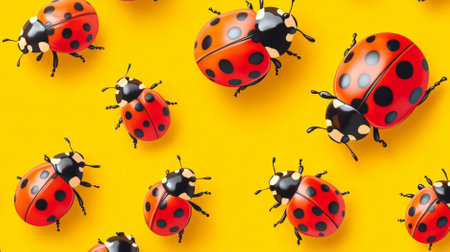A pattern of vibrant ladybugs with red and black spots, set against a bright background. The cheerful design features the ladybugs in various poses.の素材