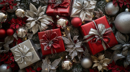 A top view of luxurious gift packages in ruby red and silver, with elaborate bows, placed among intricate tree trimmings and sparkling ornaments. The overall appearance is one of holiday splendor.の素材