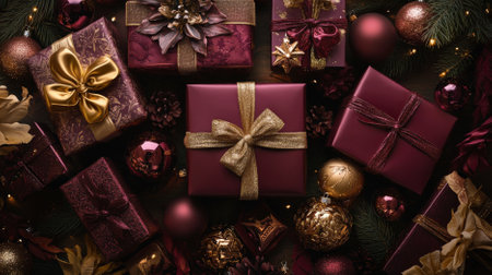 A top view of luxurious gift packages in maroon and gold, featuring elaborate bows, placed among opulent tree trimmings and sparkling ornaments. The display is rich and festive.の素材