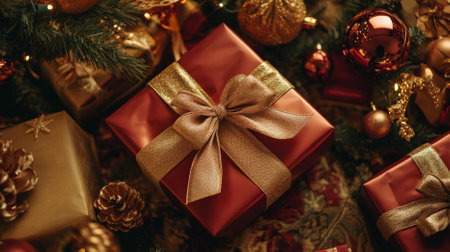 A top view of luxurious gift packages in deep red and gold, tied with elaborate bows, placed among exquisite tree trimmings and sparkling ornaments. The overall look is rich and festive.の素材