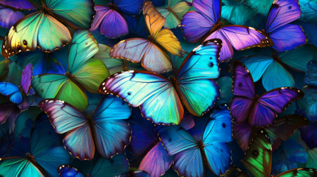 A pattern of multicolored morpho butterflies with wings in vibrant shades of blue, green, and purple, creating a lively and dynamic background.の素材