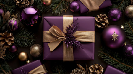 A top view of elegant gift packages in deep purple and gold, featuring delicate ribbons, surrounded by sophisticated tree trimmings and glittering ornaments. The display is rich and festive.の素材