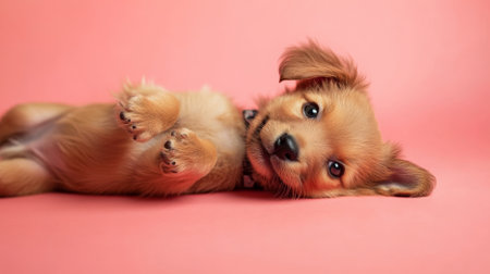 A playful brown puppy lying on its back on a coral pink background. The vibrant color and the puppy's cute expression create a lively and joyful image.の素材