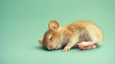 A tiny mouse lying on its back on a pastel green background. The soft colors and the mouse's delicate features create a sweet and calming image.の素材