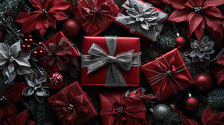 A top view of elegant gift packages in ruby red and silver, adorned with intricate bows, surrounded by opulent tree trimmings and sparkling ornaments. The overall appearance is one of holiday splendor.の素材