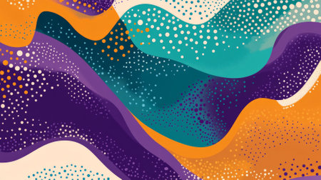 A whimsical color splash abstract cartoon background with splashes of purple, teal, and orange. The playful design includes wavy lines and dotted patterns, creating a fun and imaginative vibe.の素材