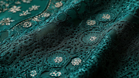 An emerald textured background featuring a delicate, embroidered pattern. The intricate details and rich green hues add a touch of elegance and tradition.の素材
