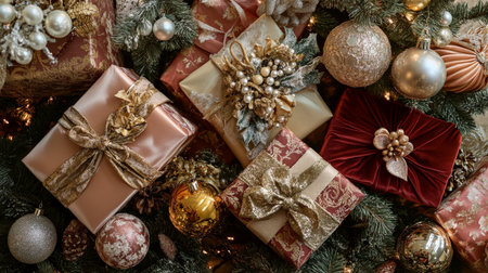 A top view of gifts wrapped in luxurious fabrics like velvet and silk, adorned with golden and pearl embellishments, amidst a sea of sparkling tree trimmings and elegant ornaments. The display is festive and opulent.の素材