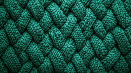 An emerald textured background with a fine, braided pattern, resembling a cozy sweater. The intricate design and rich green tones add warmth and comfort.の素材