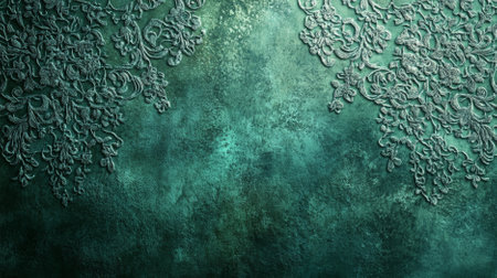 An emerald textured background featuring a delicate, lace-like pattern in shades of emerald. The intricate details add elegance and vintage charm.の素材