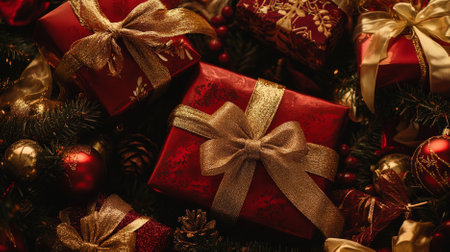 A top view of luxurious gift packages in deep red and gold, tied with elaborate bows, placed among exquisite tree trimmings and sparkling ornaments. The overall look is rich and festive.の素材