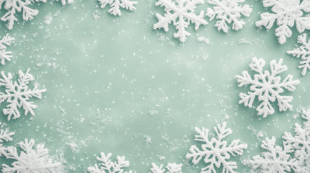 Snow-covered mint green background with intricate white snowflakes, forming a fresh Christmas winter design. The mint green backdrop adds a cool, festive feel.の素材