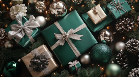 Top view of elegantly wrapped gift packages in emerald green and silver, with ornate bows, amidst a collection of high-end tree trimmings and glittering ornaments. The scene is luxurious and festive.の素材
