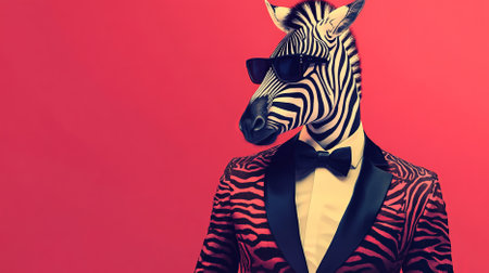 Portrait of a handsome fashionable zebra. The zebra is adorned with a stylish mane accessory and a cool jacket, exuding charm and style.の素材