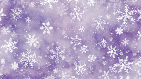 Snow-covered lavender background with delicate white snowflakes, forming a soothing Christmas winter design. The lavender hue adds a gentle, festive charm.の素材