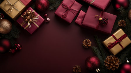 Overhead shot of elegant gift boxes in burgundy and gold, surrounded by opulent tree ornaments, on a dark wine red backdrop with space for messages. The display is festive and luxurious.の素材