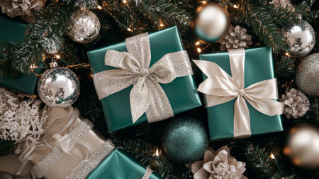 Top view of beautifully wrapped gift packages in emerald green and silver, with intricate bows, nestled among opulent tree trimmings and sparkling ornaments. The scene radiates festive luxury.の素材