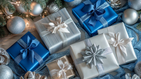 Top view of beautifully wrapped gift packages in silver and royal blue, with delicate satin ribbons, surrounded by sophisticated tree trimmings and shimmering ornaments. The scene radiates holiday elegance.の素材