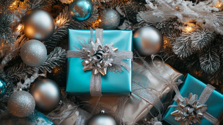 Top view of elegant gift packages in silver and turquoise, adorned with luxurious ribbons, nestled among opulent tree trimmings and delicate ornaments. The display radiates holiday splendor.の素材