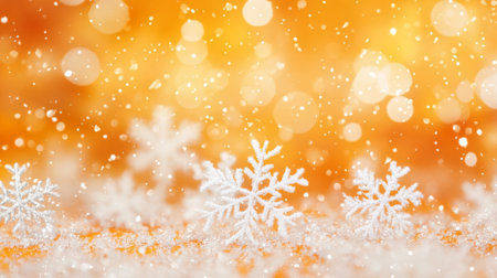 Snow-covered orange background with gentle white snowflakes, forming a warm Christmas winter design. The orange backdrop adds a cozy, festive feel.の素材