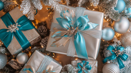 Top view of elegant gift packages in silver and turquoise, adorned with luxurious ribbons, nestled among opulent tree trimmings and delicate ornaments. The display radiates holiday splendor.の素材