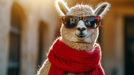 Portrait of a handsome fashionable alpaca. The alpaca is sporting a trendy scarf and sunglasses, posing against a stylish background.の素材