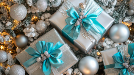 Top view of beautifully wrapped gift packages in silver and turquoise, adorned with luxurious ribbons, placed among exquisite tree trimmings and delicate ornaments. The scene radiates holiday splendor.の素材