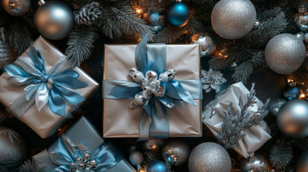 Top view of extravagant gift packages in silver and blue, tied with silk ribbons, placed among shimmering tree trimmings and intricate ornaments. The scene is a testament to luxurious holiday decor.の素材