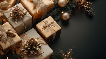 Overhead shot of elegant gift boxes in gold and white, with extravagant tree ornaments, on a dark taupe backdrop with space for messages. The display is luxurious and festive.の素材