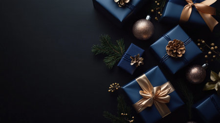 Overhead shot of elegant gift boxes in royal blue wrapping, adorned with extravagant tree ornaments, on a dark black backdrop with space for messages. The setup is sophisticated and festive.の素材