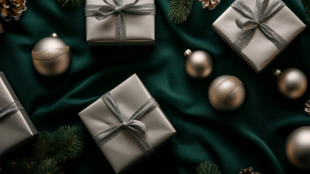 Overhead shot of lavish gift boxes in silver wrapping, surrounded by opulent tree ornaments, on a dark emerald green backdrop with space for messages. The scene exudes holiday elegance and refinement.の素材