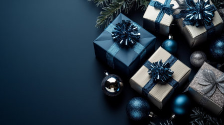 Overhead shot of beautiful gift boxes in silver and blue, with extravagant tree ornaments, on a dark navy blue backdrop with space for messages. The scene is elegant and sophisticated.の素材