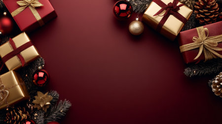 Overhead shot of lavish gift boxes in gold and red, with extravagant tree ornaments, on a dark garnet backdrop with space for messages. The scene is rich and sophisticated.の素材